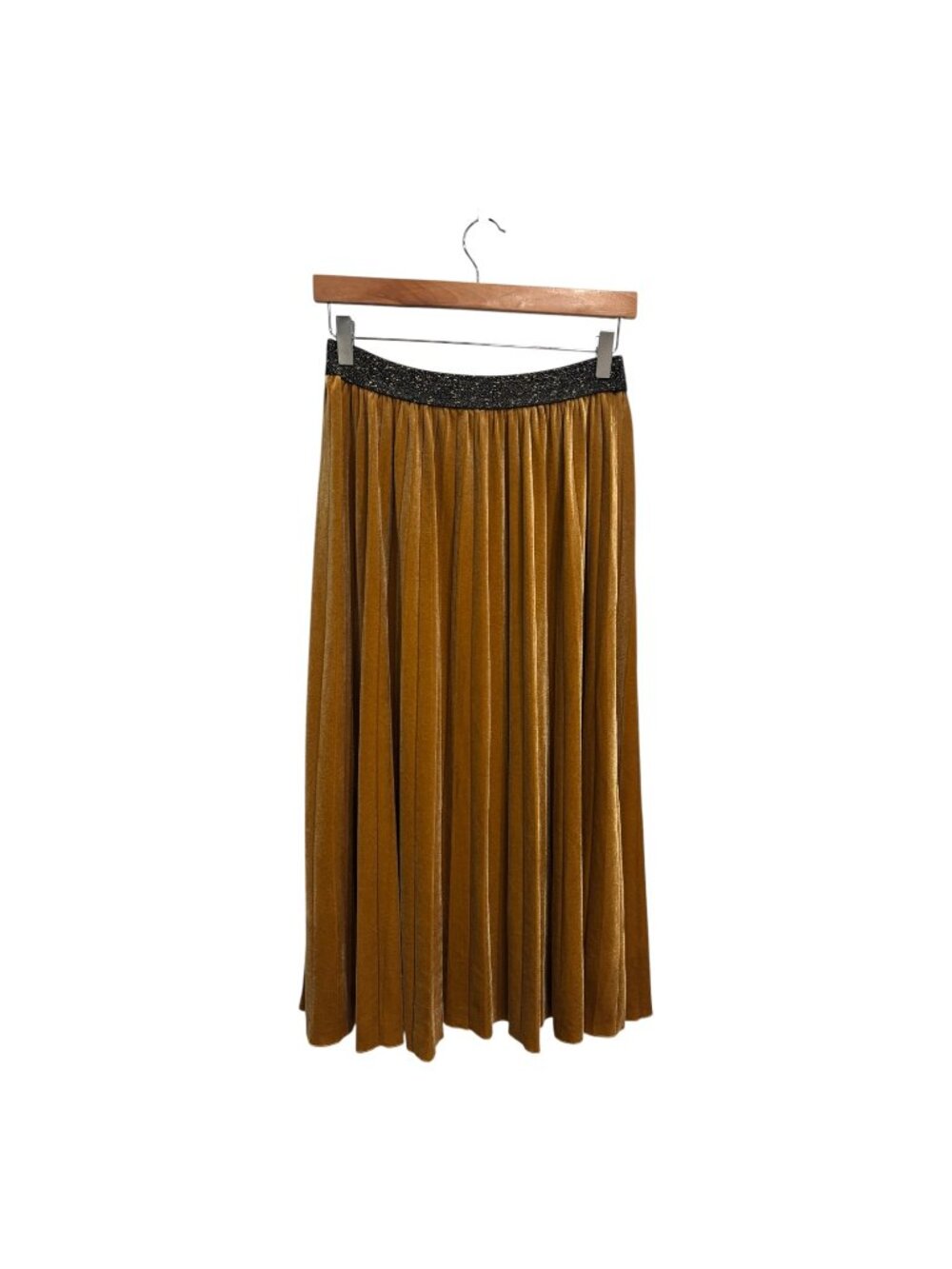 Mystree Gold Velvet Pleated Midi Skirt Metallic Shimmer Stretch Pull On Size M - Picture 2 of 5
